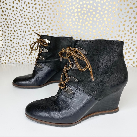 Franco Sarto Black Leather Derby Wedge Booties